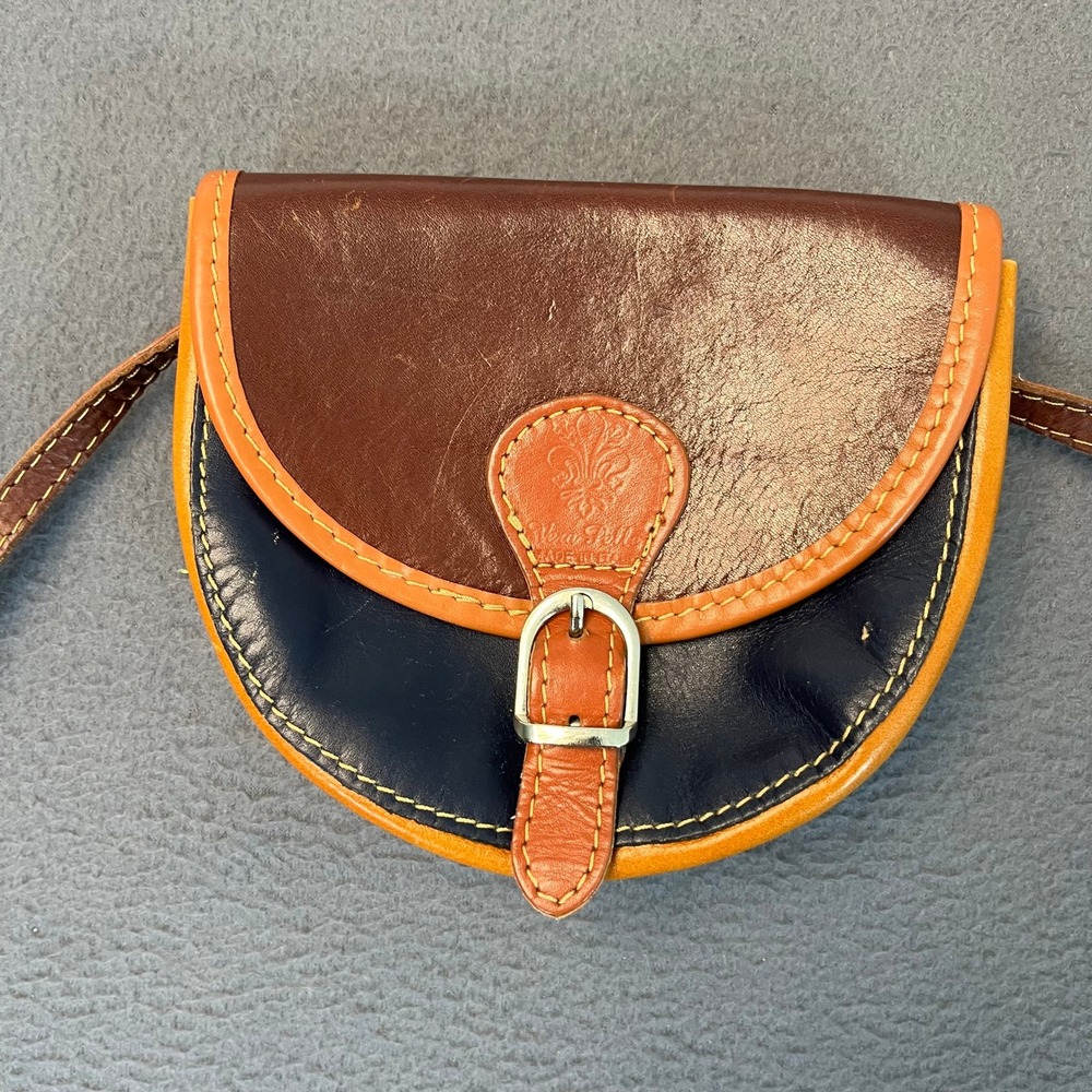 Vera Pelle Italian Multi Colorblock Leather Saddle Crossbody Bag Brown Blue Sm - Picture 2 of 10